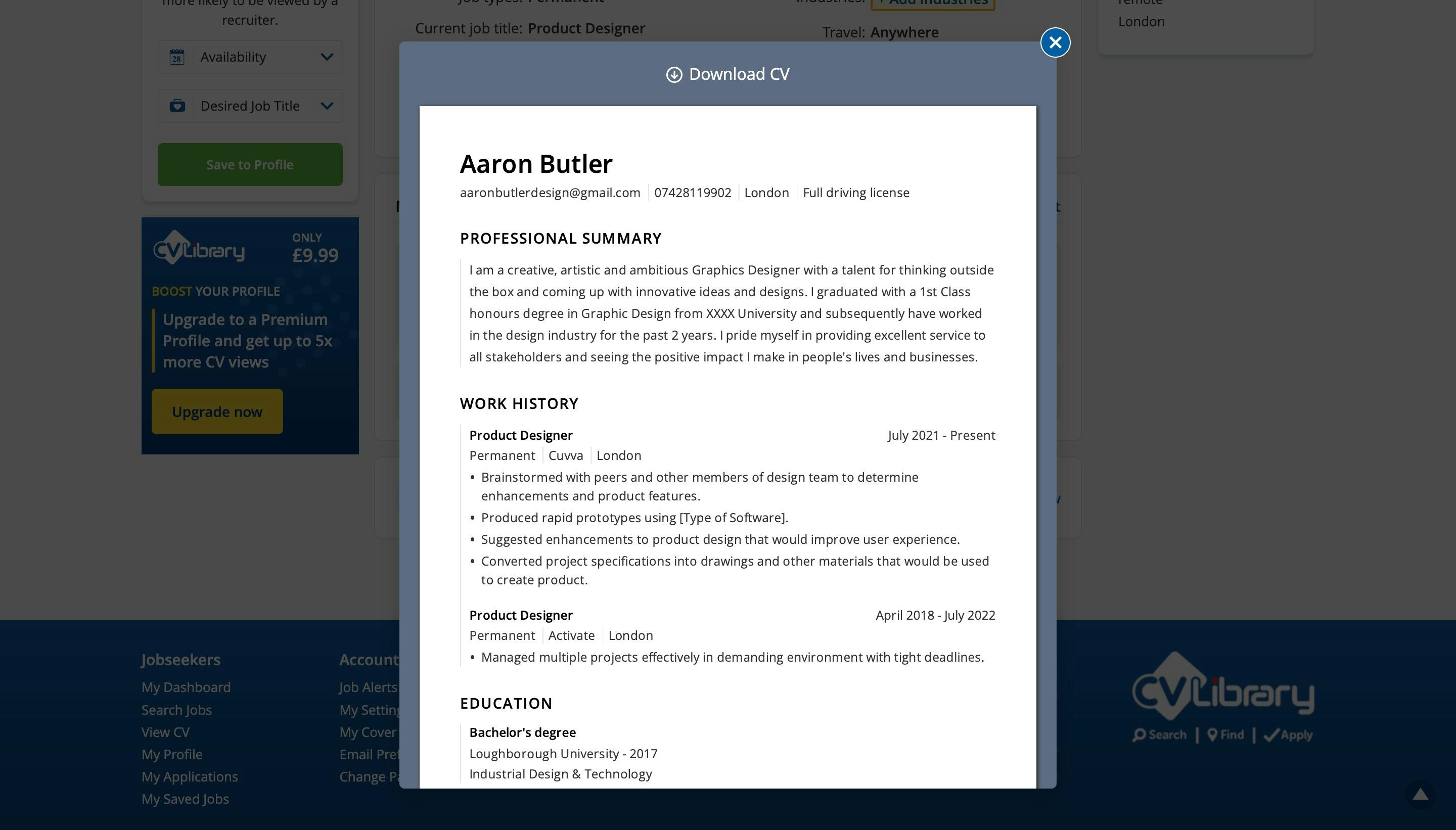 CV Library resume preview
