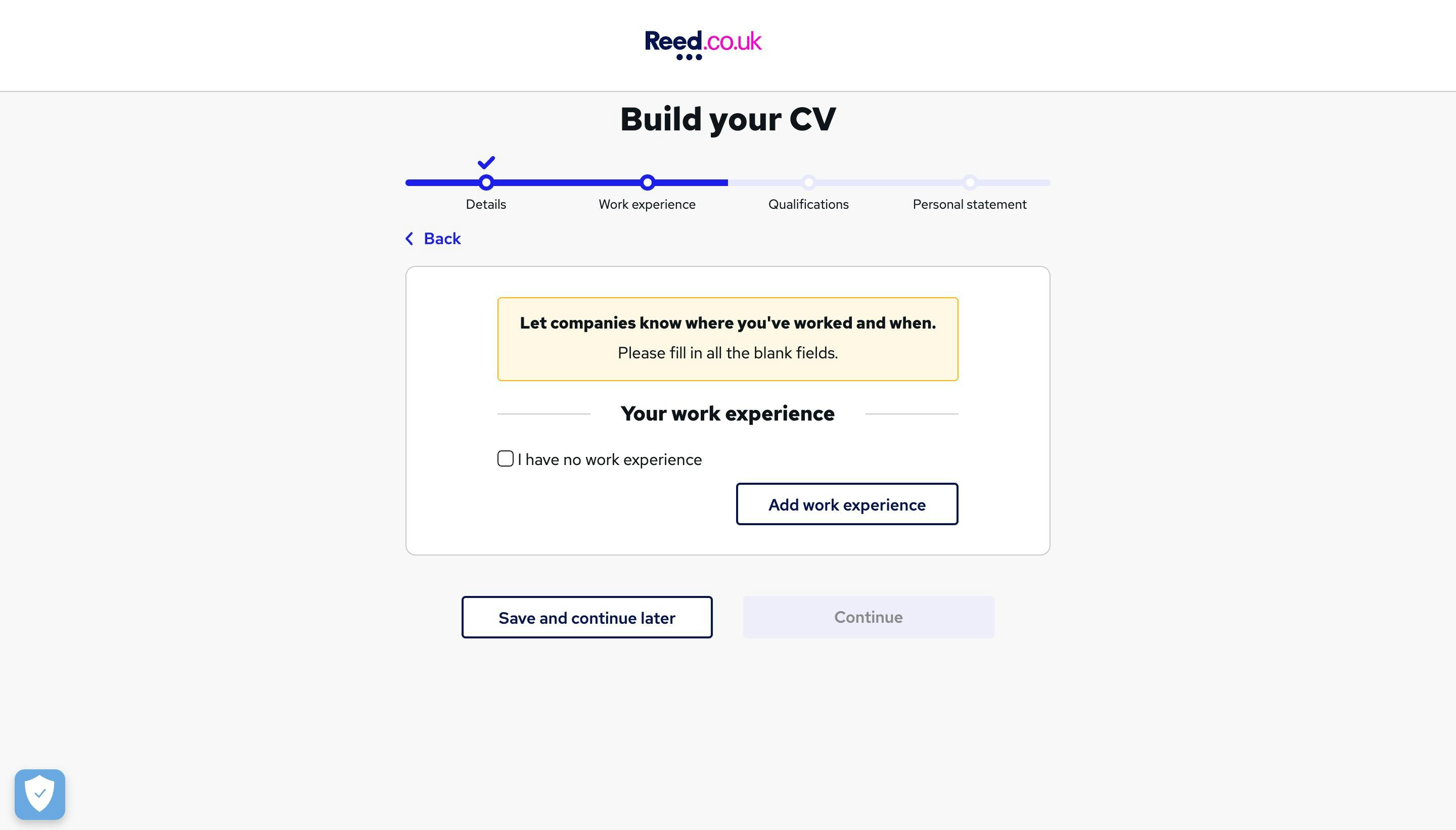 Adding work experience to your Reed.co.uk CV