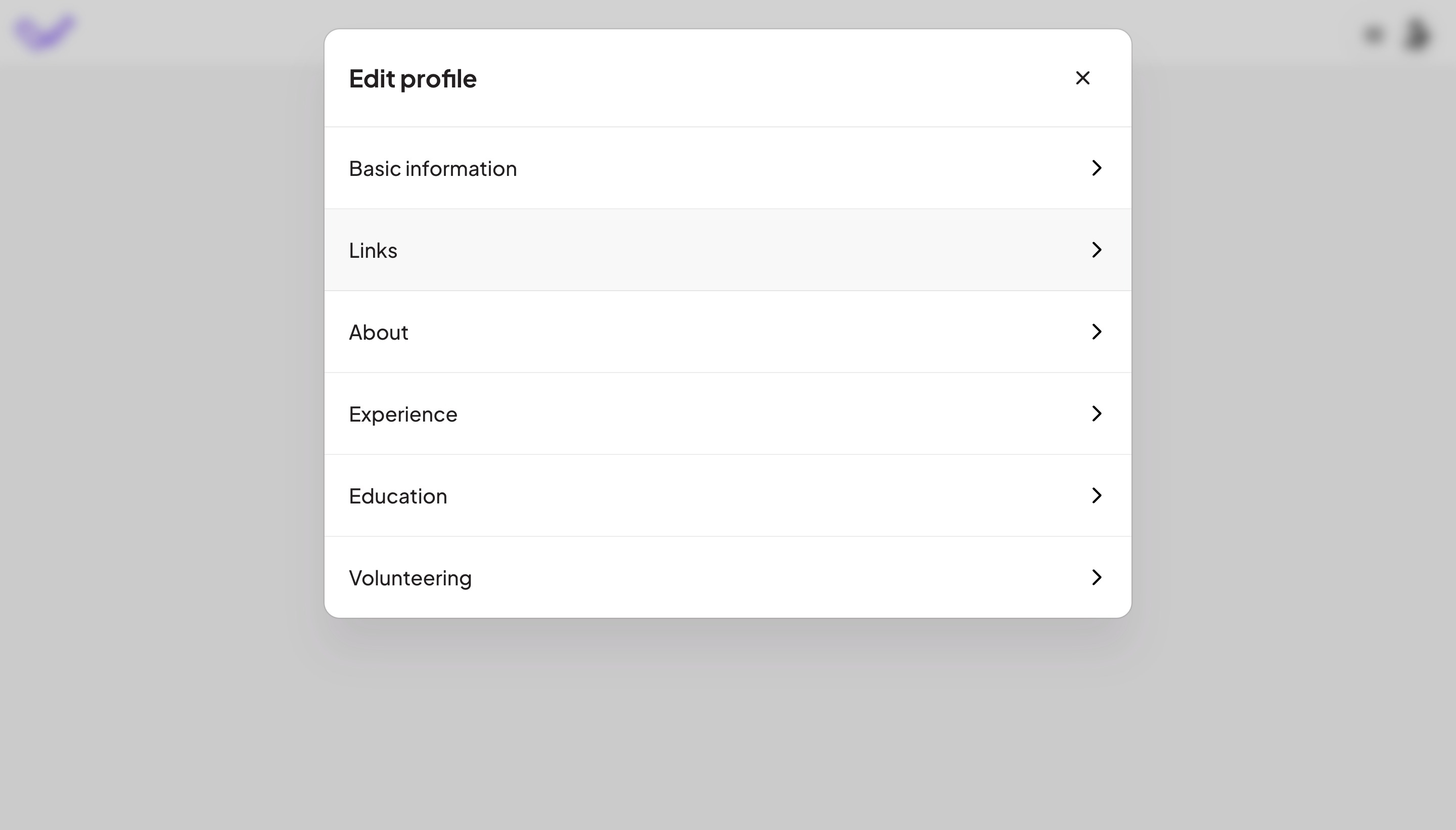 Links section in the edit profile view